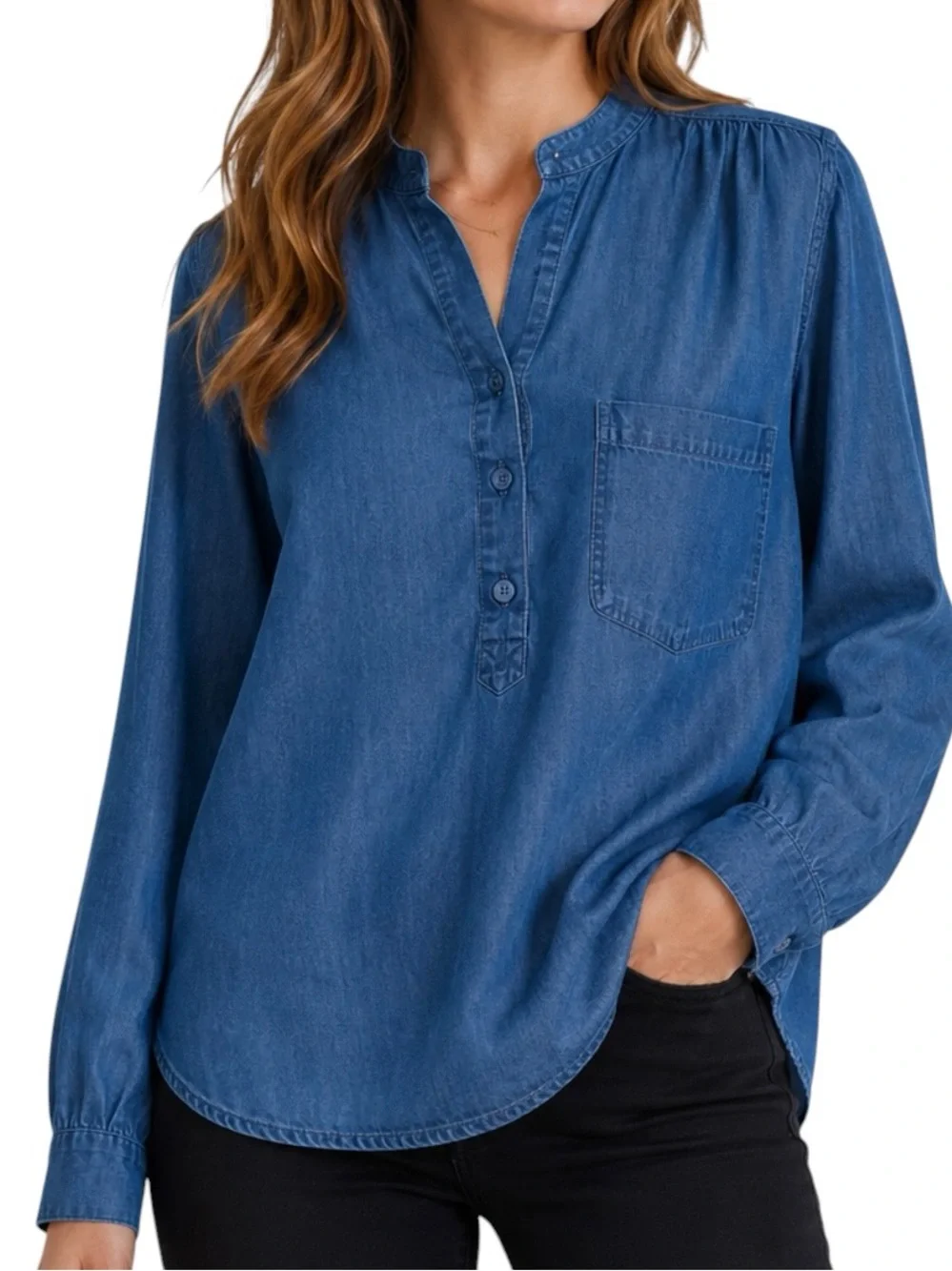 Alison Andrews Indigo Chambray Lyocell Tunic XL Half Button Flowy Top - Picture 2 of 8